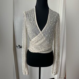 NWT ASOS Pearl and Bead Embellished Mesh Wrap Top in Ivory/Cream. Size 8.